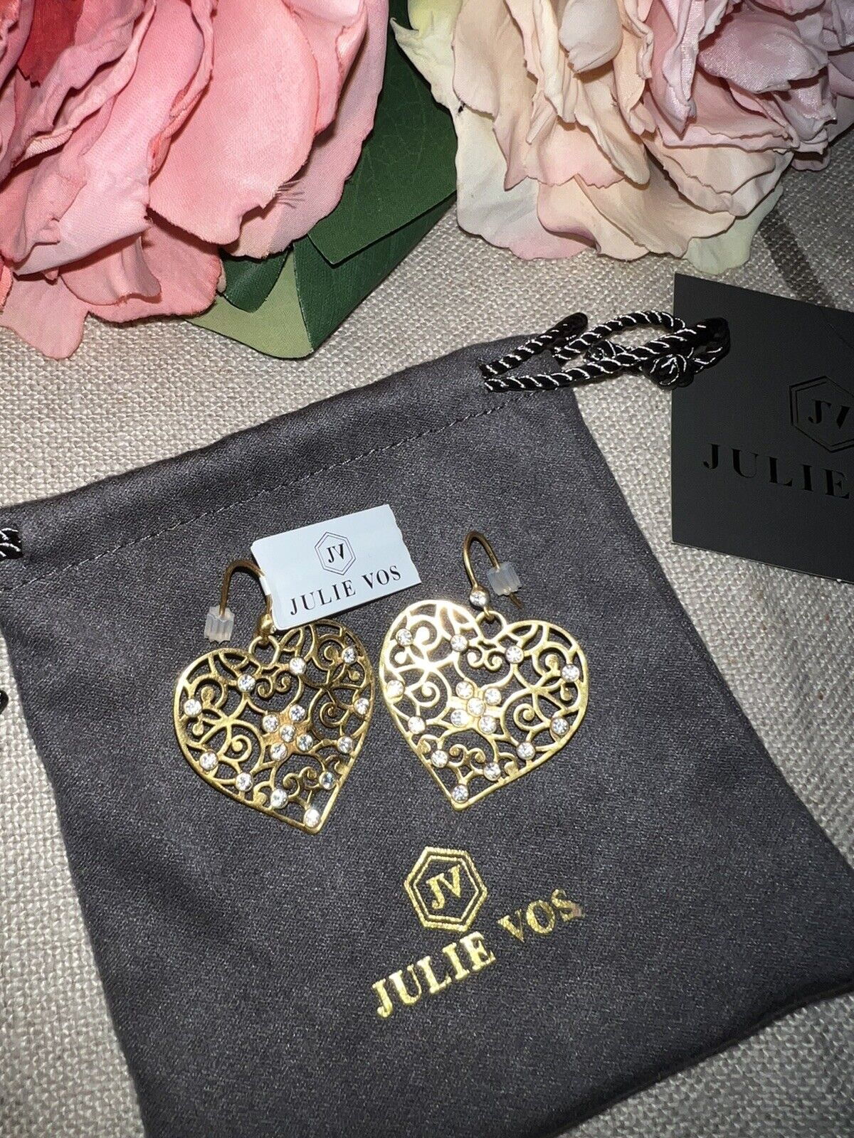 Julie Vos Heart Earrings CZ Embellished 24k Gold Plated Luxe statement