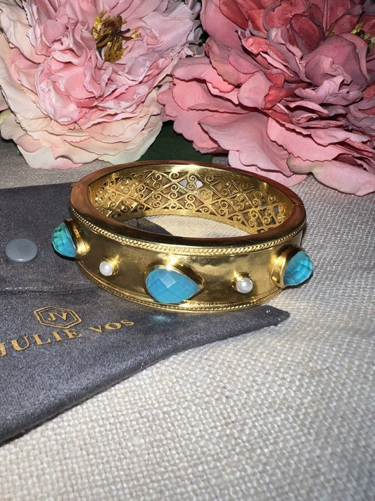 Julie Vos Large Hinged Bangle Cuff Bracelet 24k Gold Plate Bahamian Blue