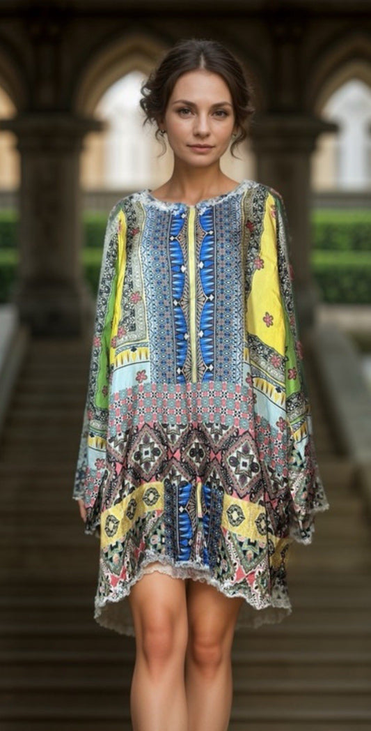 Johnny Was 1X 100% Silk Tunic Top Kimono Sleeves Colorful Lightweight Cool Party Johnny Was