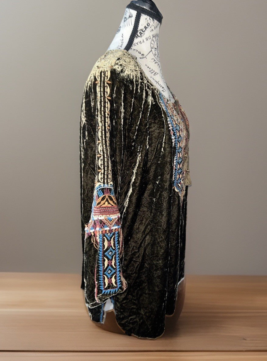 Johnny Was XL Olive Brown Velvet Peasant Blouse Embroidered Tunic Top Mini Dress Johnny Was