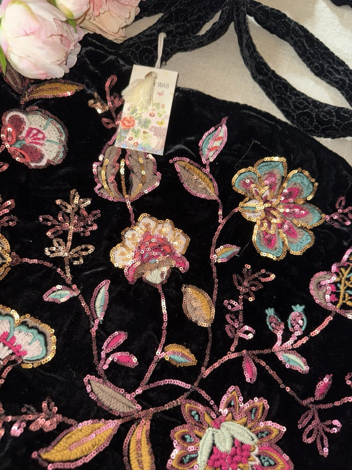 Johnny Was Large Black Velvet & Sequin Hobo Bag Tote Purse Embroidered Crossbody Johnny Was