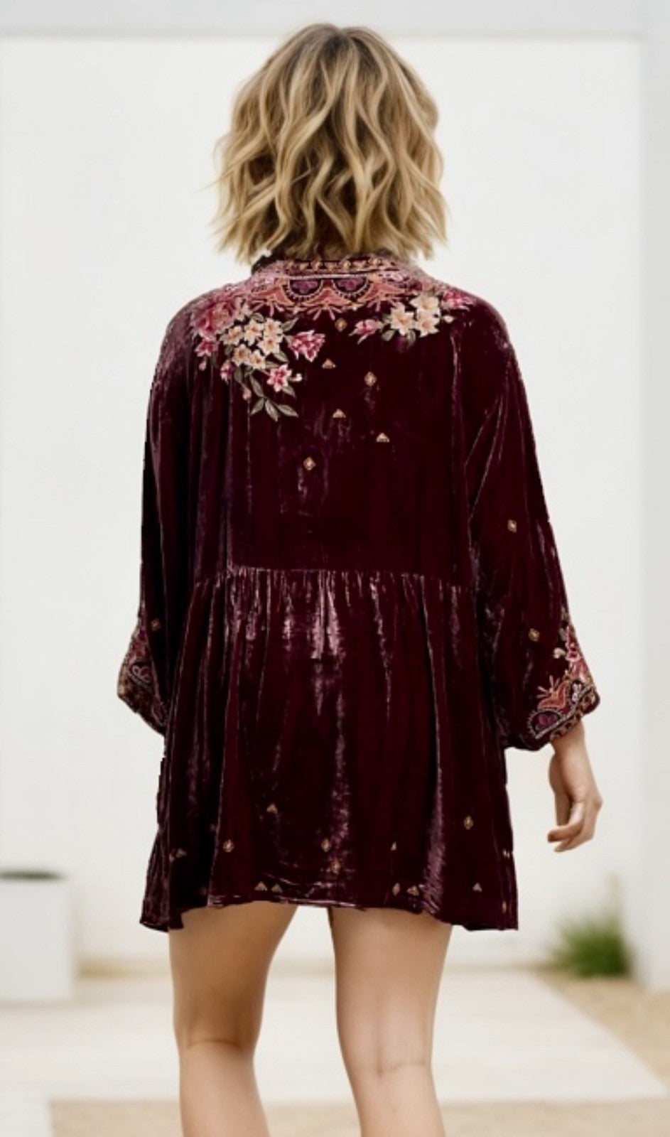 Johnny Was 1X Plus Burgundy Velvet Mini Shift Dress Peasant Tunic Embroidery Johnny Was