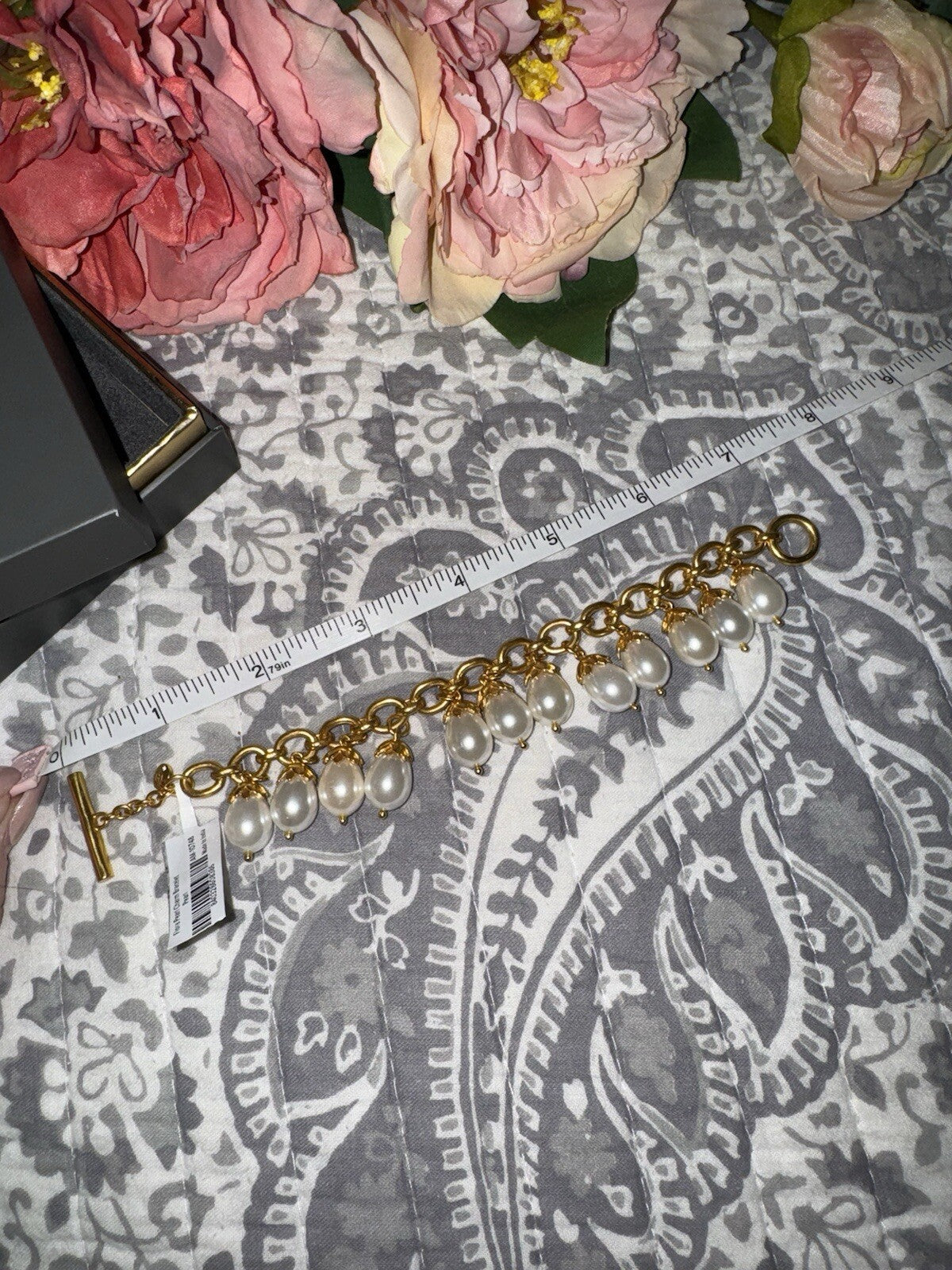 Julie Vos Pearl Charm Link Bracelet Toggle 24k Gold Plated   RETIRED Julie Vos