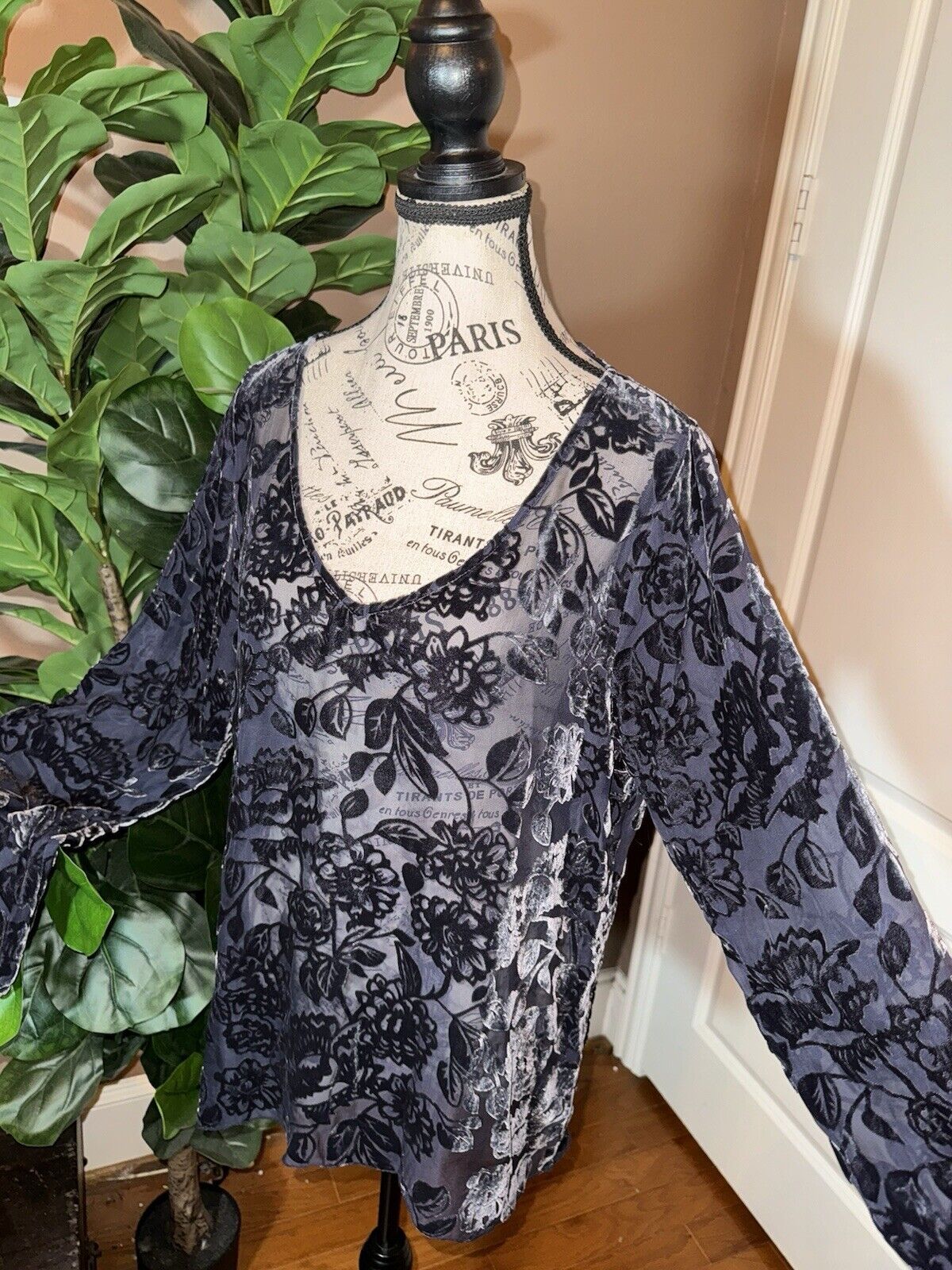 Johnny Was L Large Blue Burnout Velvet Tunic Top Sheer Floral Blouse Shirt