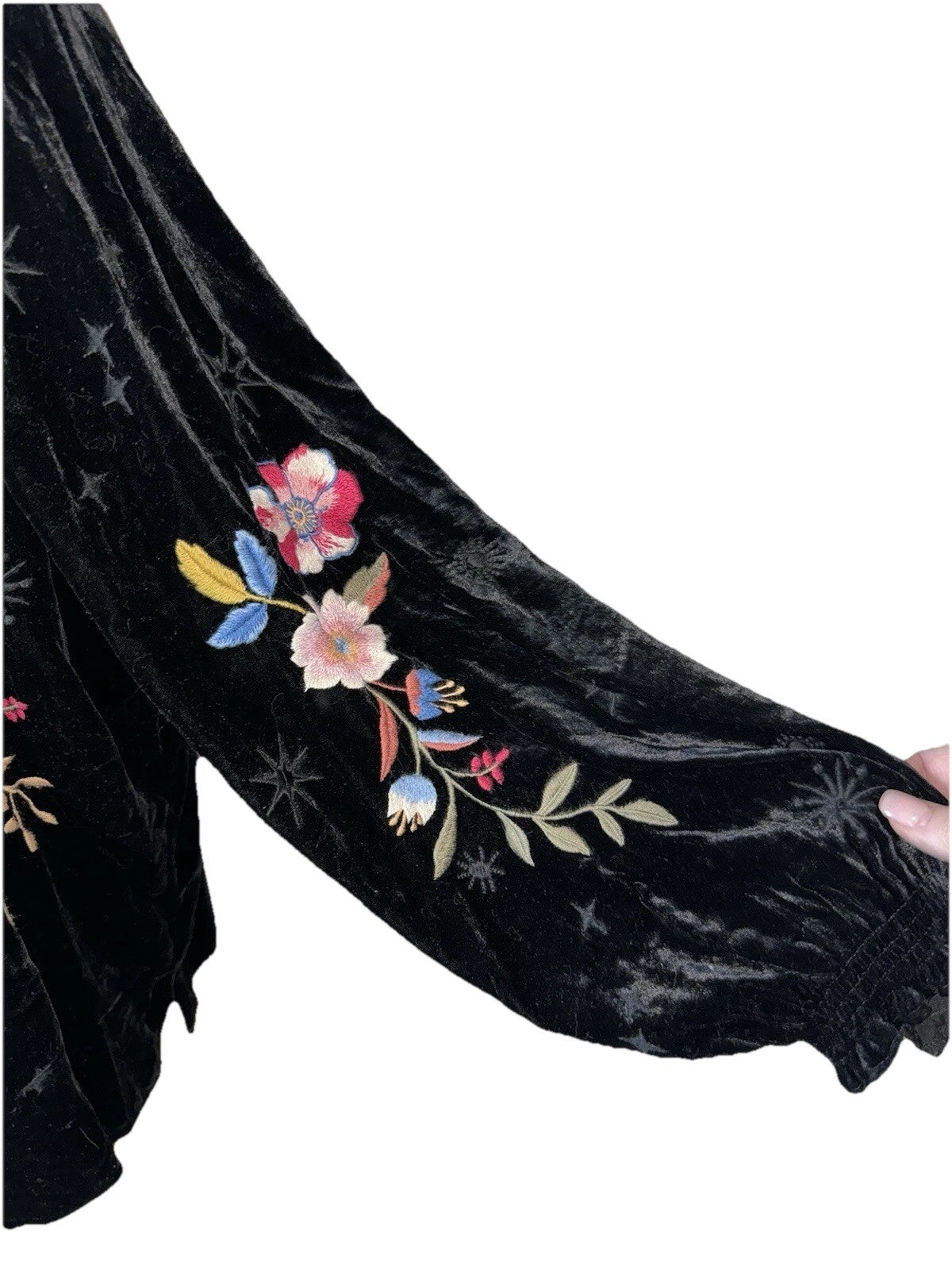 Johnny Was L Black Velvet Peasant Top Tunic Blouse Shirt Embroidered Roses Stars Johnny Was