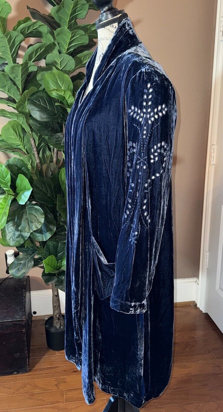 Johnny Was M Blue Velvet Long Kimono Duster Wrap Coat Eyelet Lace Cutout