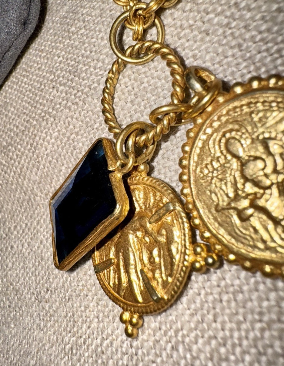 Julie Vos Necklace Sapphire Blue Glass & Gold Coin Pendant 24k Plated RETIRED Julie Vos