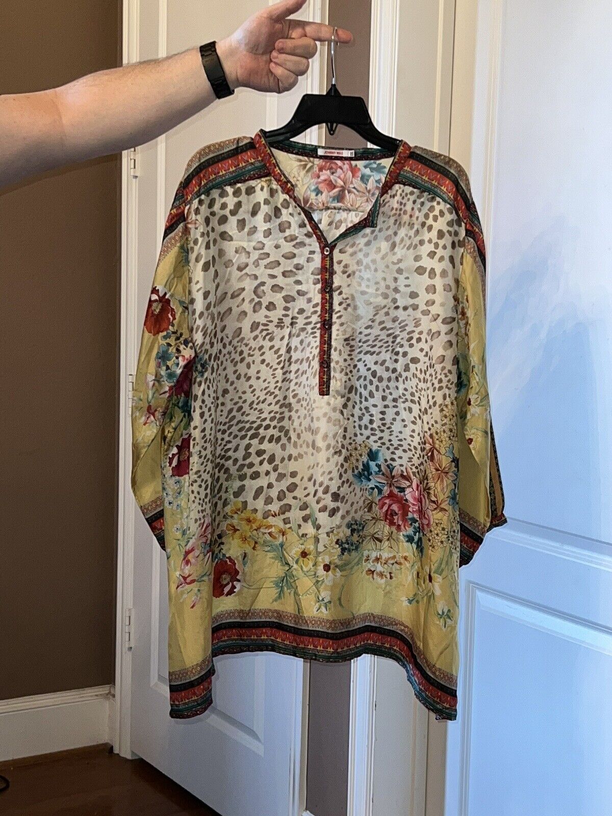 100% Silk Johnny Was Tunic Top XXL 2X Soft & Flowy Leopard & Flower