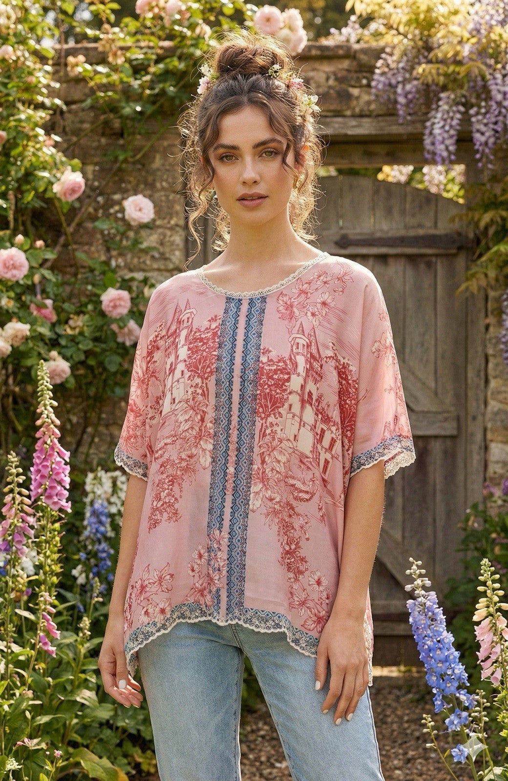 Johnny Was XL Pink & White 100% Silk Blouse Top Tunic Shirt Toile Lace Johnny Was