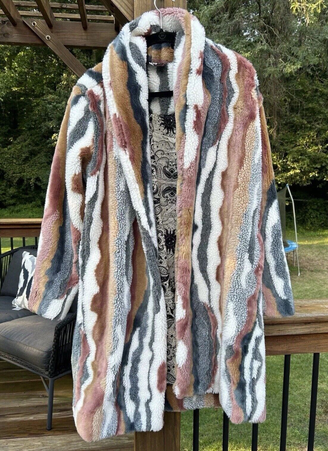 Johnny Was Large Faux Fur Coat Jacket Multi Color Wrap Silk Lined BOHO