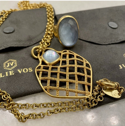 Julie Vos NECKLACE Basketweave 24k Gold Plated w/ Pendant Iridescent Blue Julie Vos