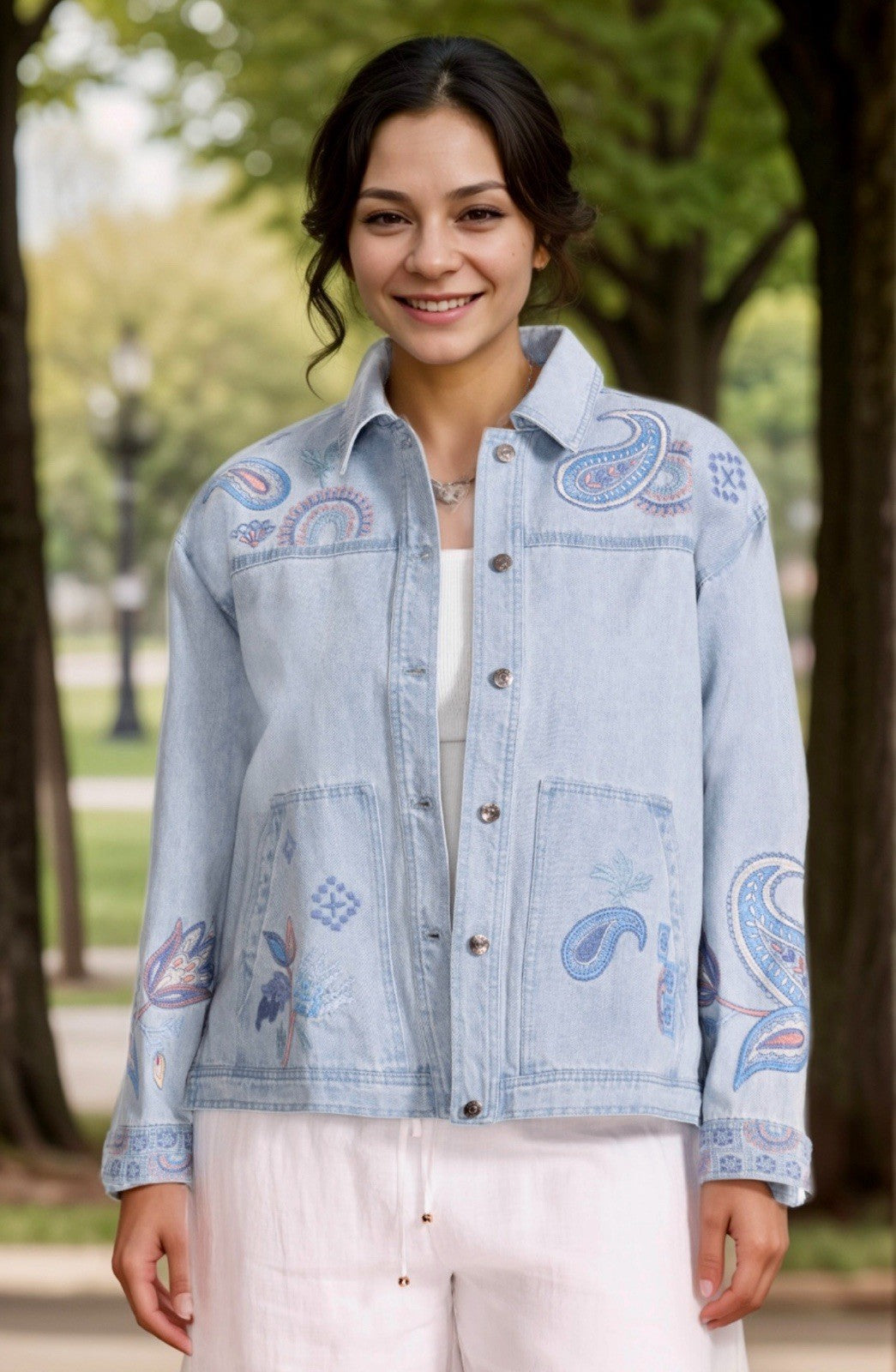 Johnny Was 2X Plus Denim Worker Jacket Coat Embroidered Birds & Paisley Johnny Was