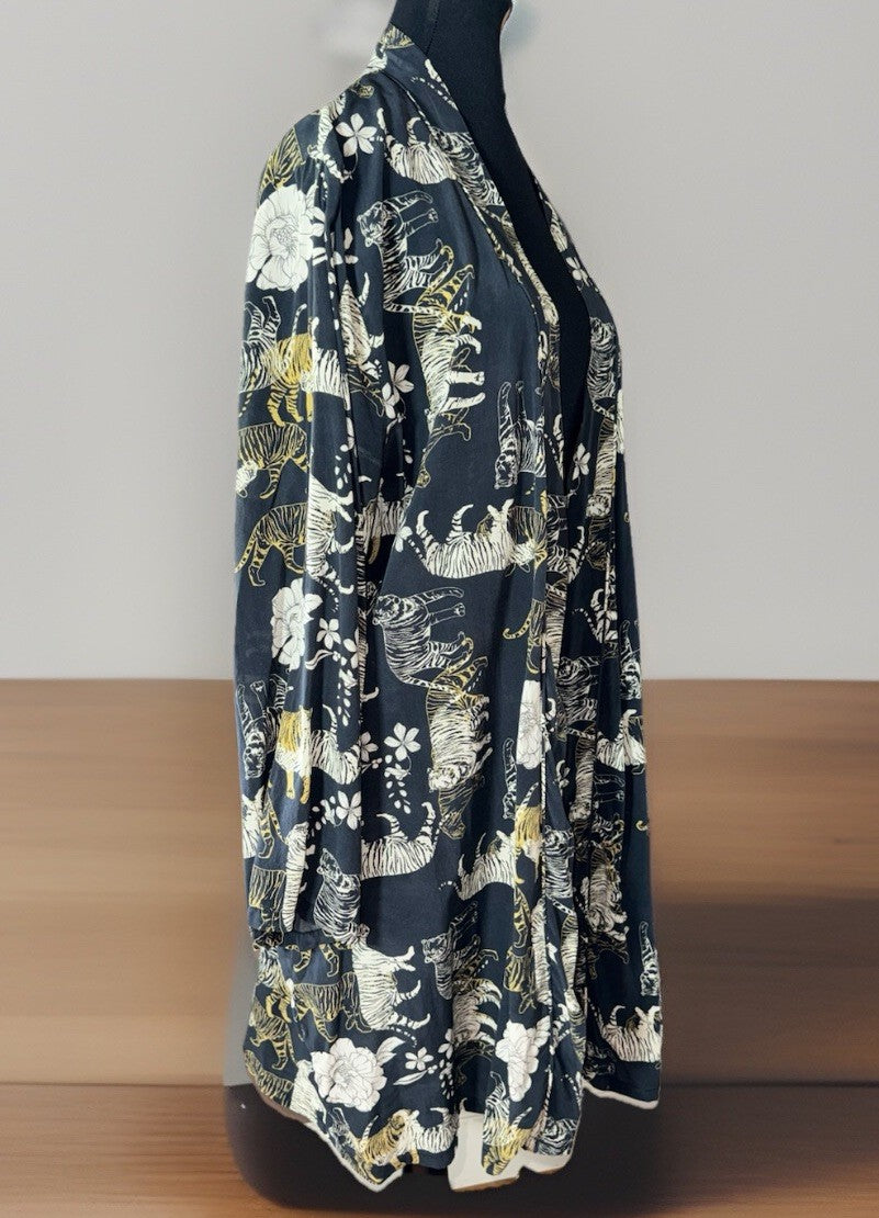 Johnny Was L 100% Silk KIMONO Black Tiger Print Cats Duster Lightweight Jacket Johnny Was
