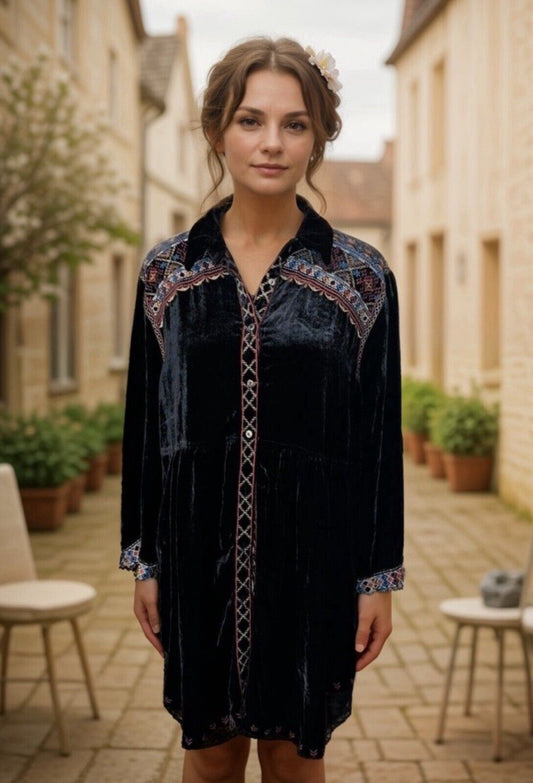 Johnny Was Sz L Black Velvet Peplum Tunic Top Mini Dress Embroidered Kimono