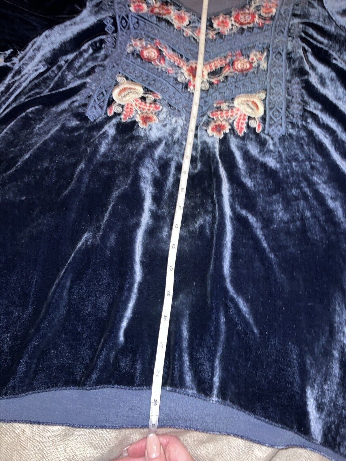 Johnny Was Blue Velvet Heavily Embroidered Tunic Top Long Sleeve Sz 1XL 1X XL