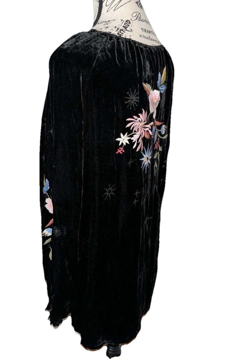 Johnny Was L Black Velvet Peasant Top Tunic Blouse Shirt Embroidered Roses Stars Johnny Was