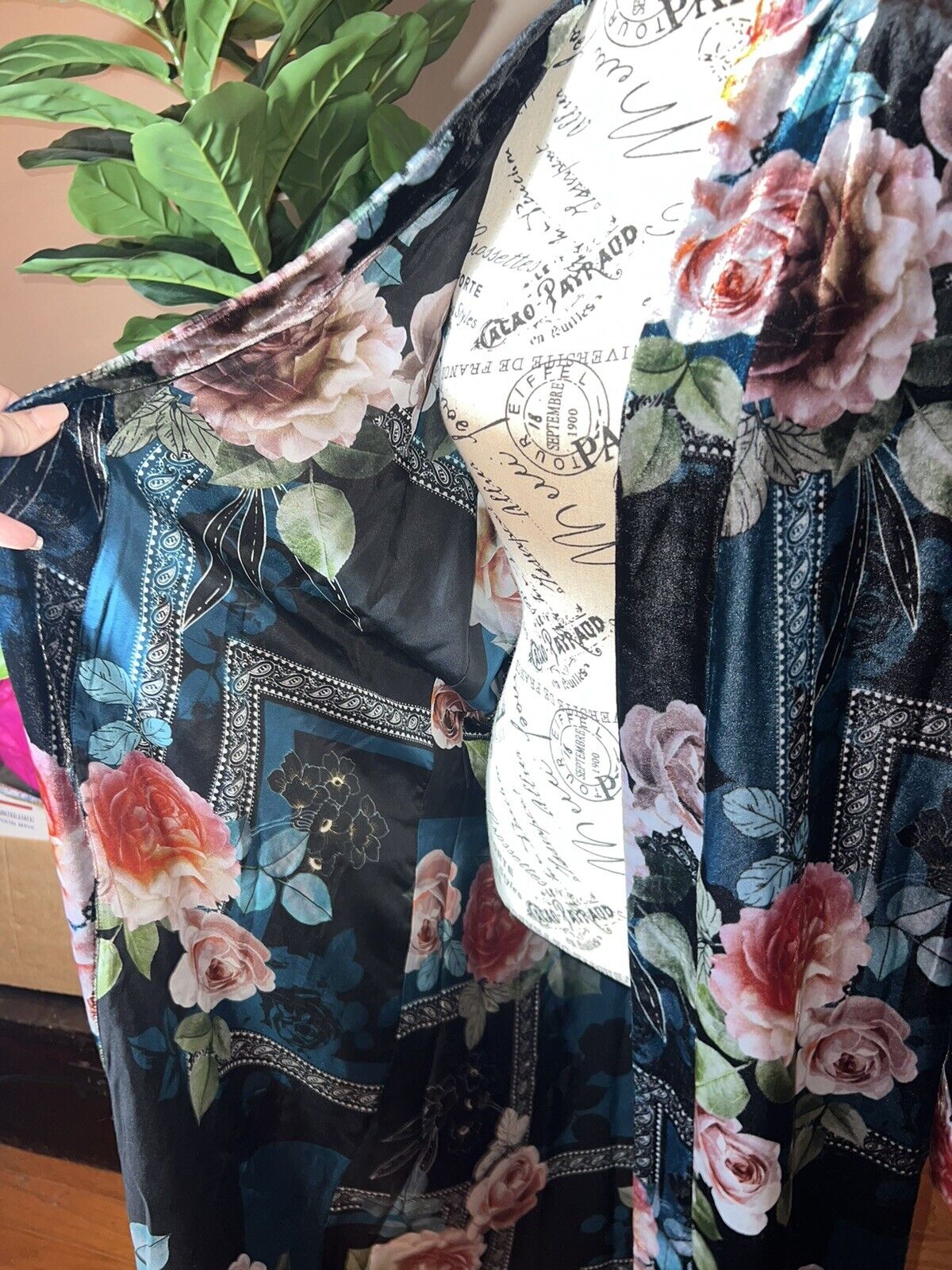 Johnny Was Velvet & Silk Lined Kimono Wrap Sz L Large Jewel Tone Floral