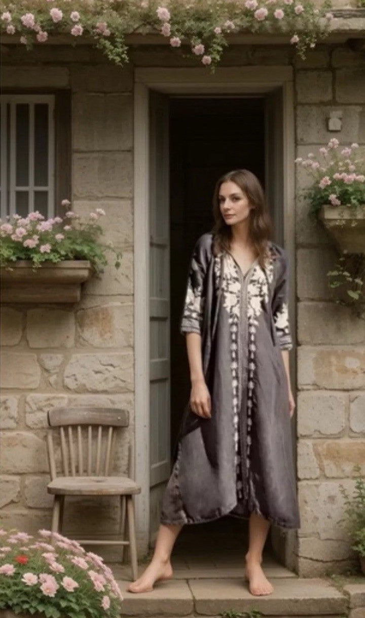 Johnny Was XL Grey Linen Shift Mini Dress Tunic Top Embroidered Cream Flower Johnny Was