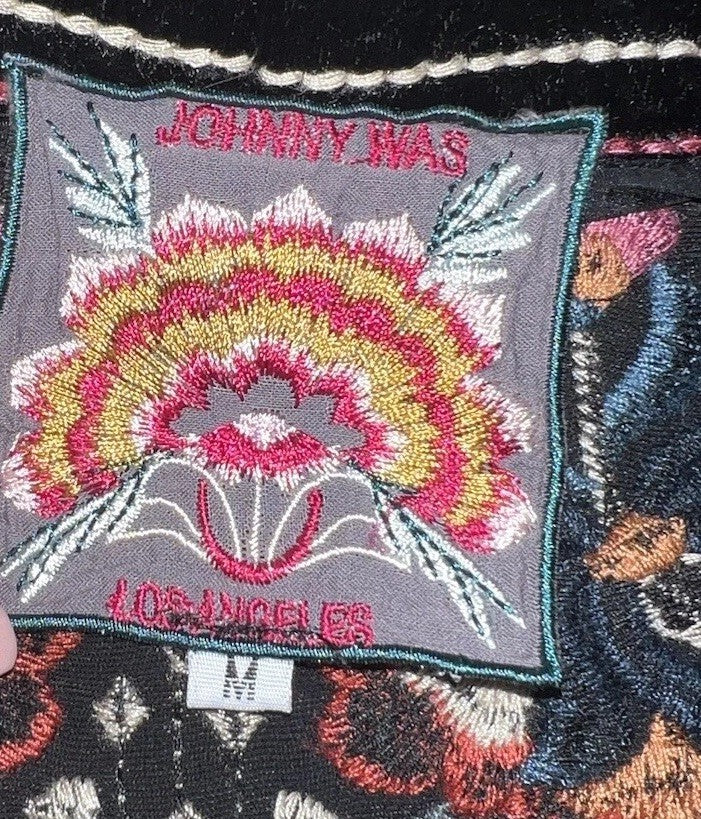 Johnny Was Velvet Kimono Wrap Jacket M Medium Black Embroidery Duster Oversized Johnny Was