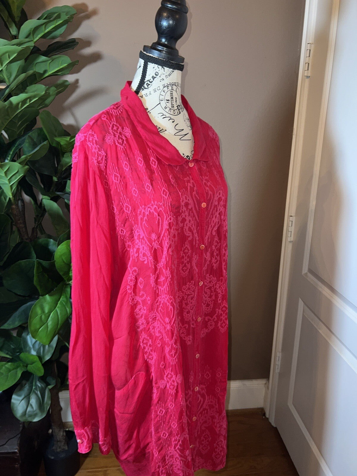 Johnny Was 1X Hot Pink Mini Shift Dress Button Up Shirt Embroidered Tunic Top Johnny Was