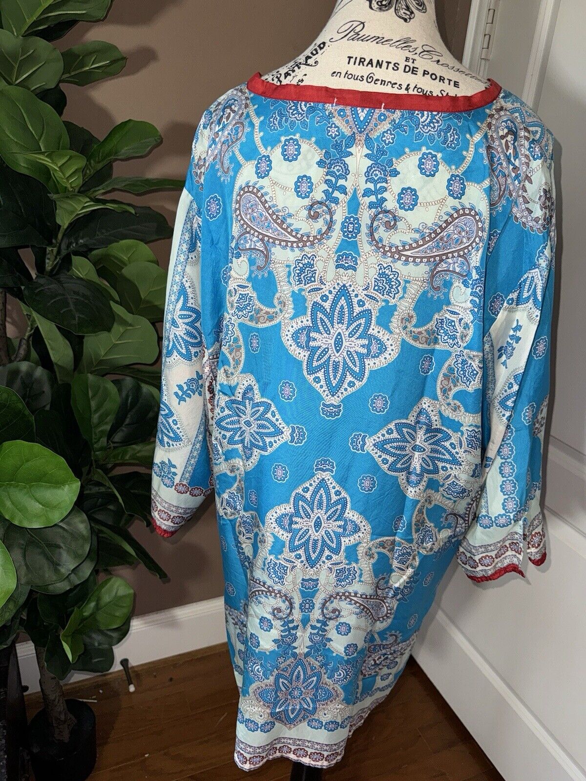 Johnny Was XXL 2X 2XL 100% Silk Long Sleeve Tunic Top Kimono Red White Blue