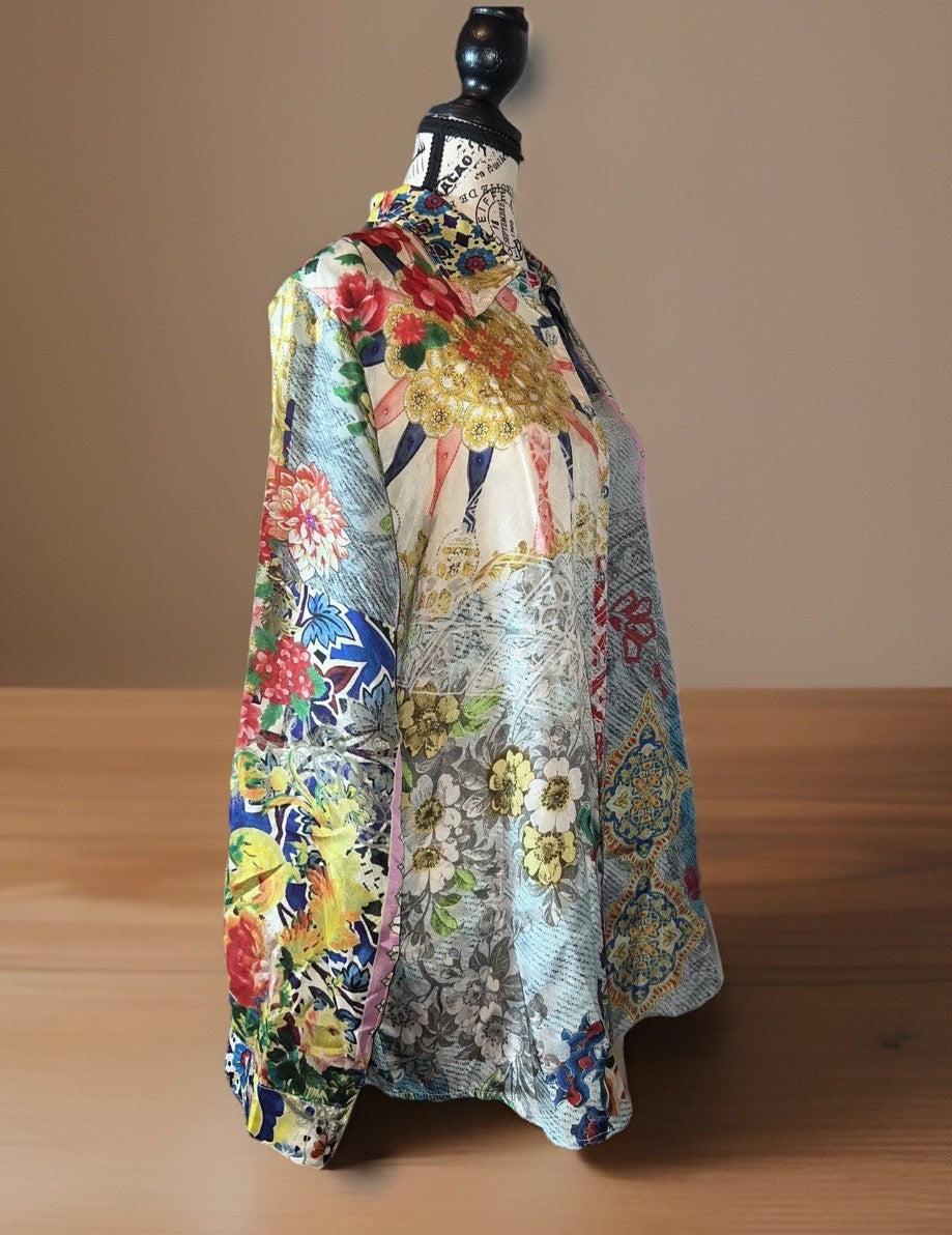 Johnny Was XL 100% Silk Button Up Blouse Long Sleeve Tunic Top Shirt Lightweight Johnny Was