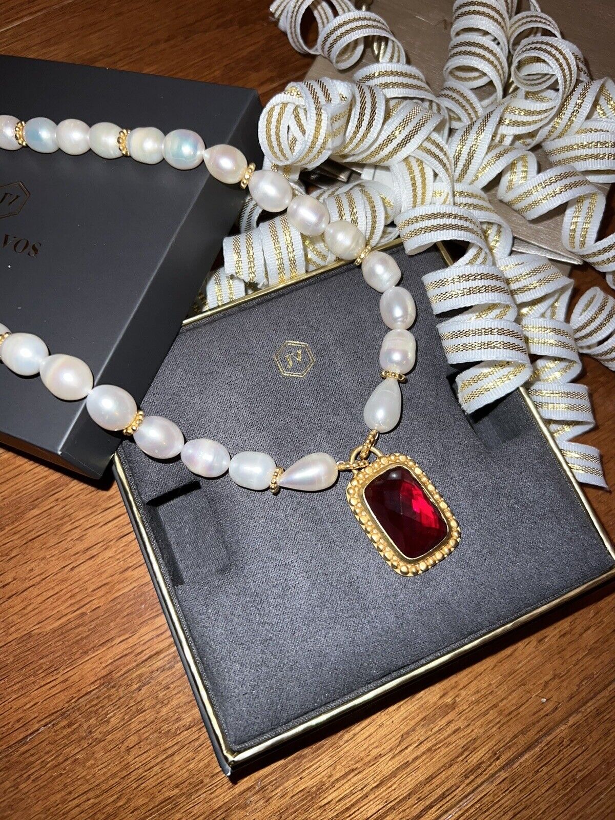 Julie Vos Freshwater Pearl & Ruby Red 24k Gold Plate Statement Necklace WOW!