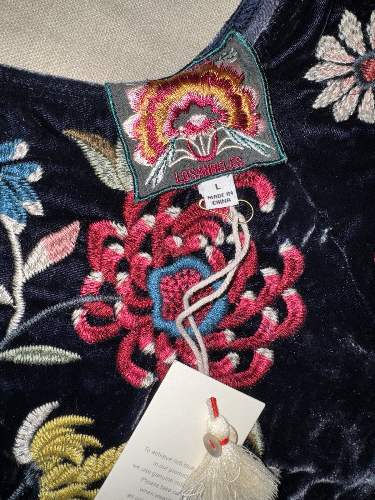 JOHNNY WAS L Dark Midnight Blue Velvet Midi Dress Tiered Embroidered Maxi Johnny Was