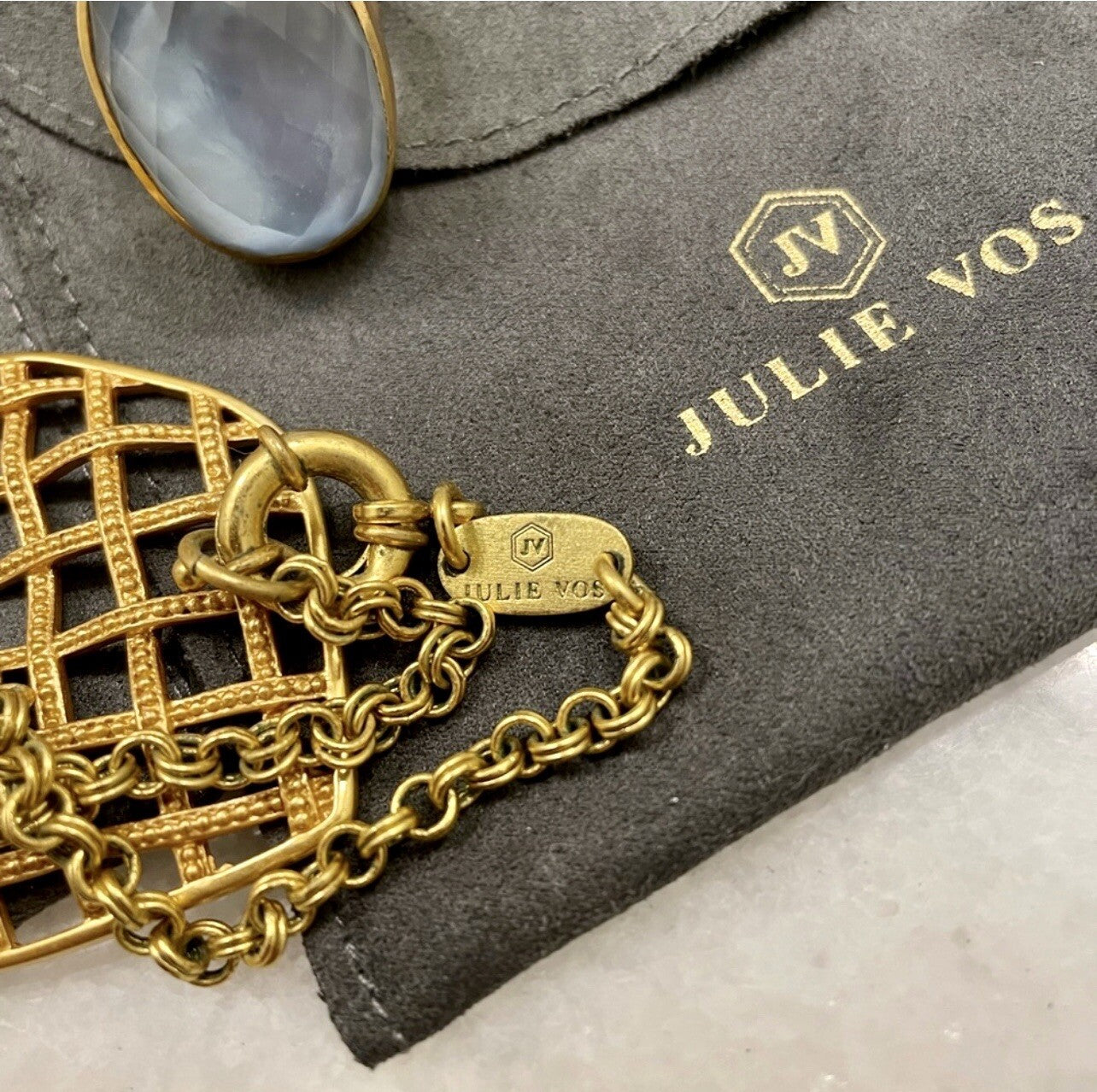 Julie Vos NECKLACE Basketweave 24k Gold Plated w/ Pendant Iridescent Blue Julie Vos