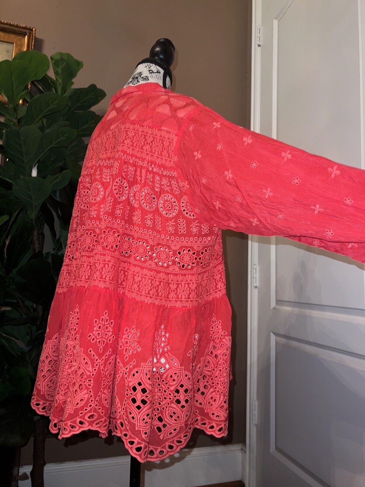 Johnny Was Sz XL Silky Coral Red Tunic Top Eyelet Embroidery