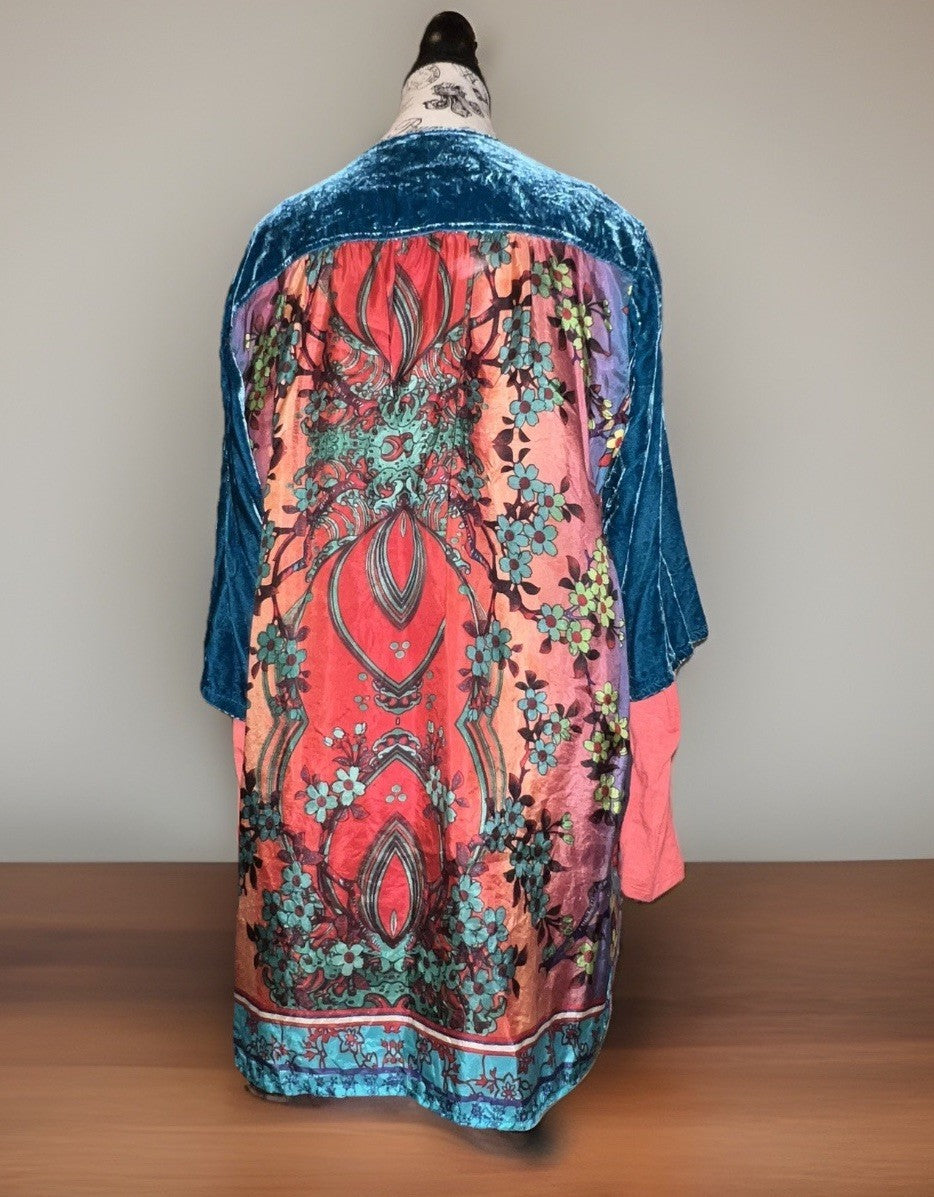 2 pc Johnny Was Large Teal Blue Velvet & Silk Tunic Top FREE Matching Undershirt Johnny Was