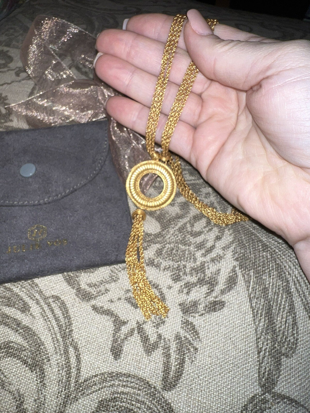 Julie Vos Round Pendant & Tassels On  Long Necklace 21” Drop 24k Gold Plated Julie Vos