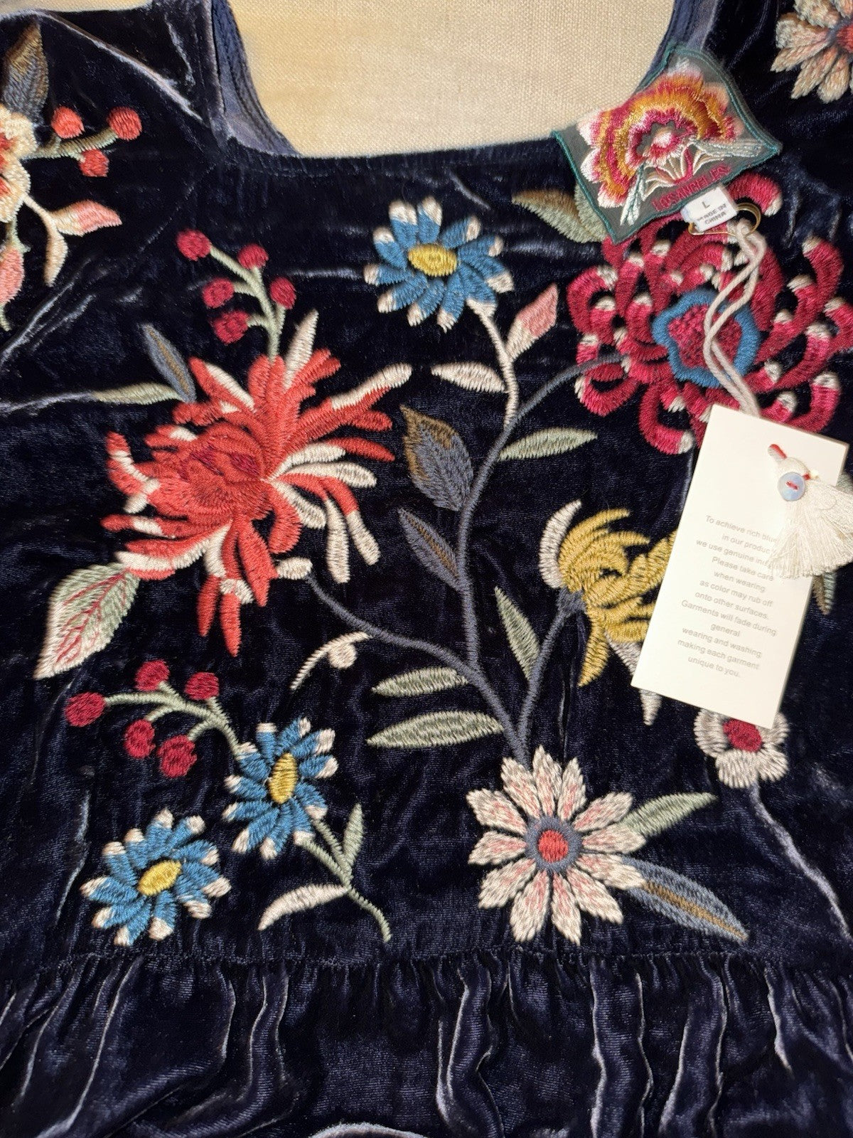 JOHNNY WAS L Dark Midnight Blue Velvet Midi Dress Tiered Embroidered Maxi Johnny Was