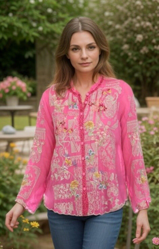 Johnny Was XXL 2X Tunic Top Pink Blouse Embroidered W/ Scalloped Hem Shirt