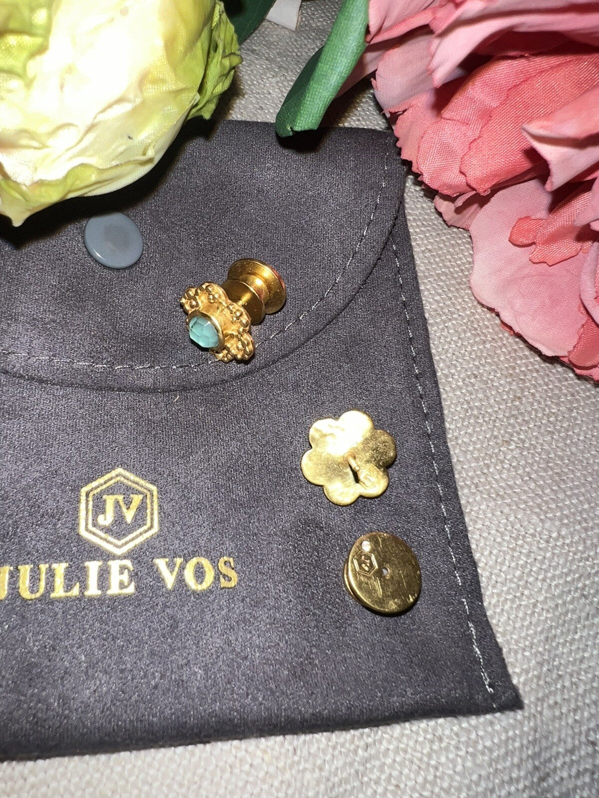 Julie Vos Iridescent Blue Stud Flower Earrings 24k Gold Plated   CLASSIC Julie Vos
