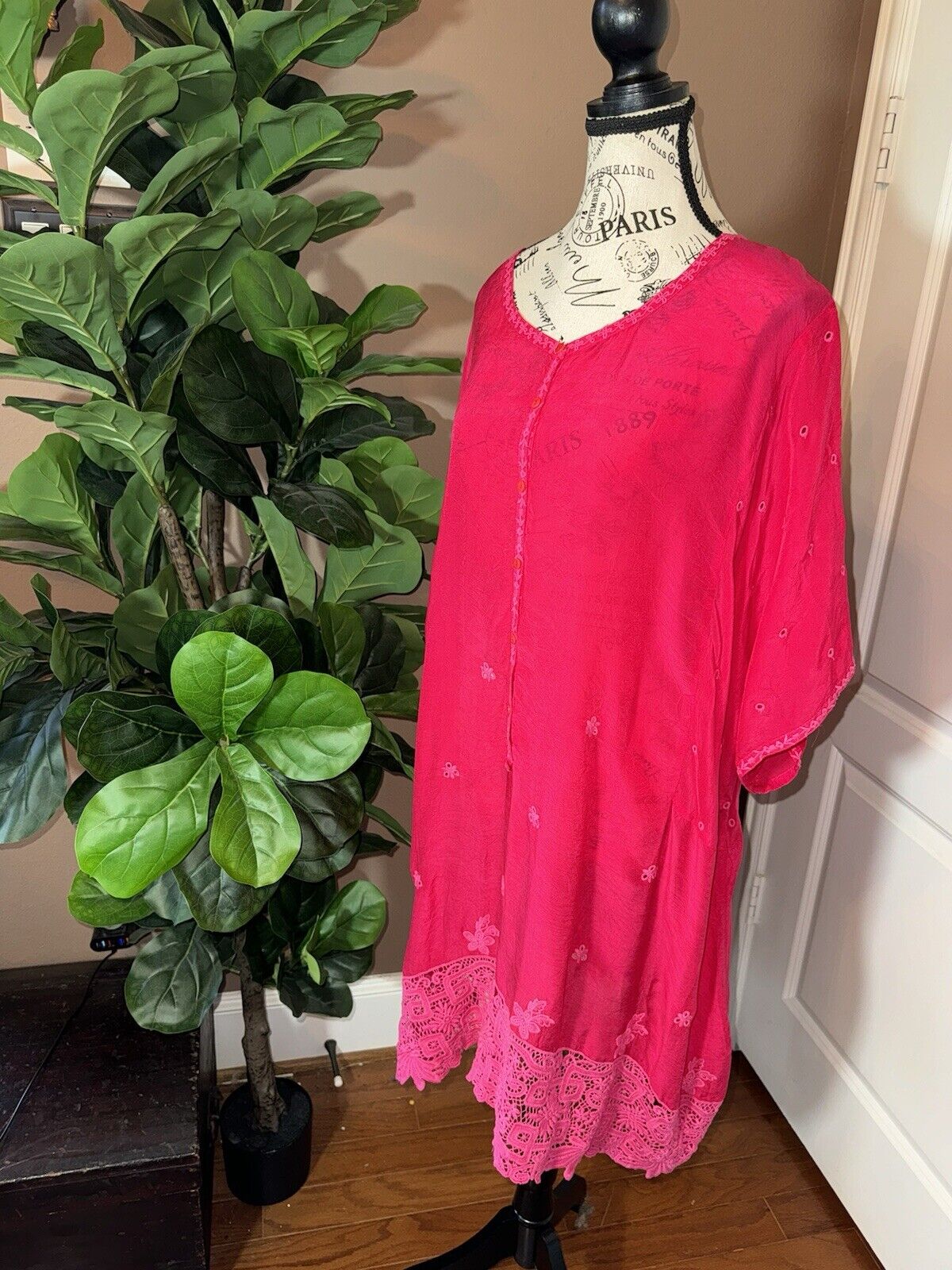 Johnny Was 3X Barbie Pink Tunic Top Mini Dress Eyelet Lace Watermelon Red