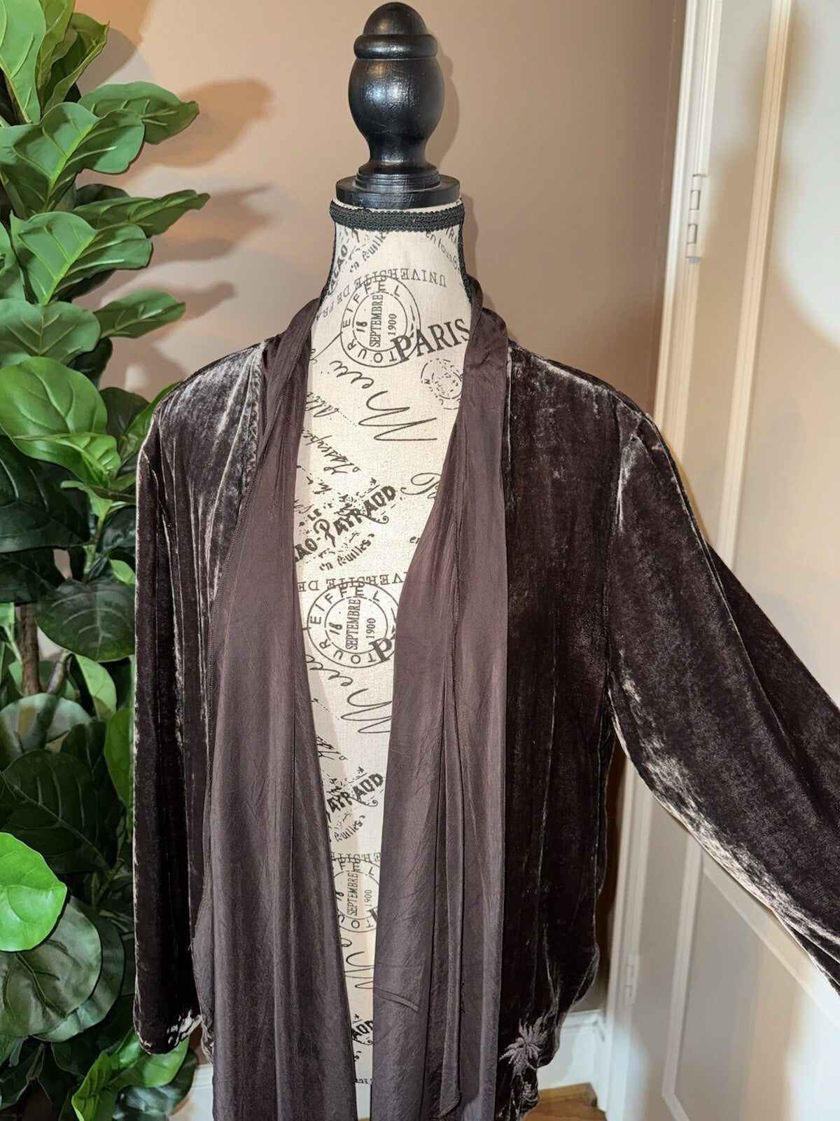 Johnny Was L Brown Velvet & Silk Panel Kimono Embroidery Wrap Cardigan Jacket Johnny Was