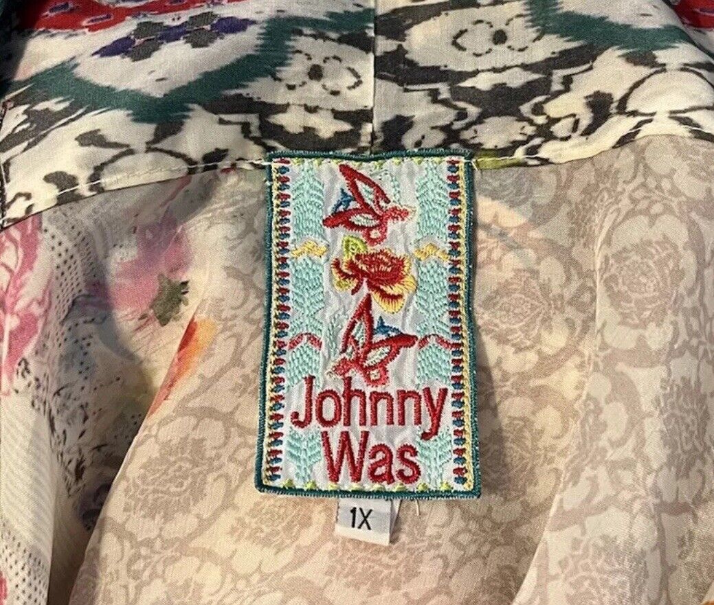 New Johnny Was 100% Silk Kimono Sz 1X 1XL XL Wrap Jacket Cardigan Colorful