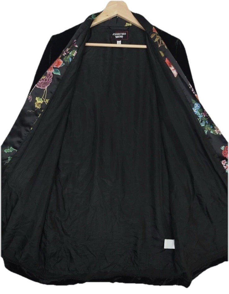 Johnny Was L Large Black Velvet & Silk Kimono Embroidered Floral Wrap Duster Johnny Was