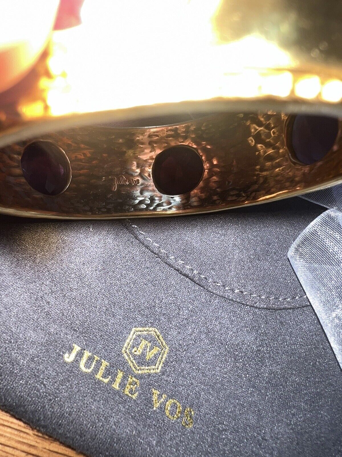 New Julie Vos Bangle Cuff Hinged Bracelet With Wine Colored Stones 24k PlateNWOT