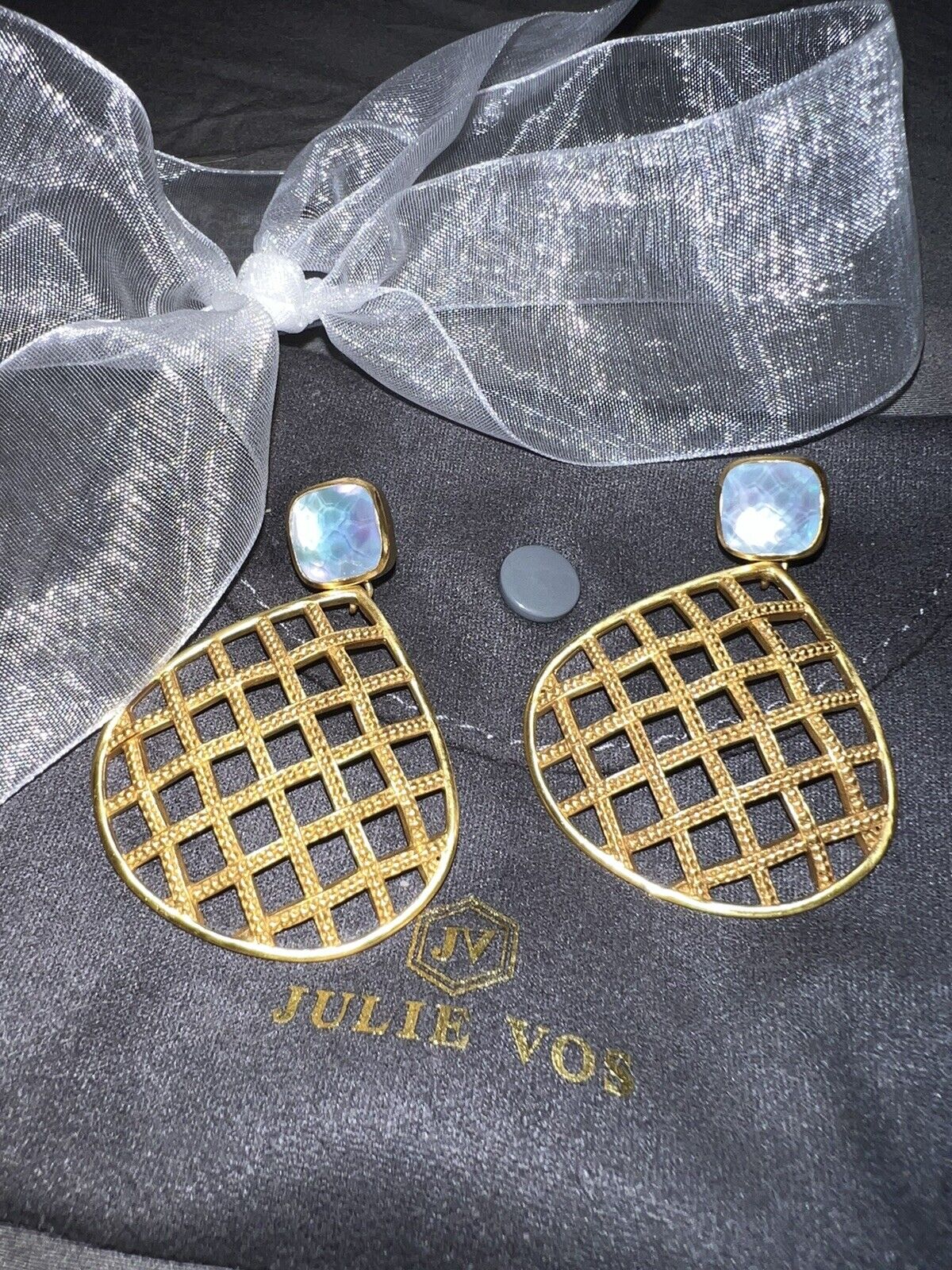 Julie Vos Earrings Iridescent Calcedony Basketweave Luxe Statement