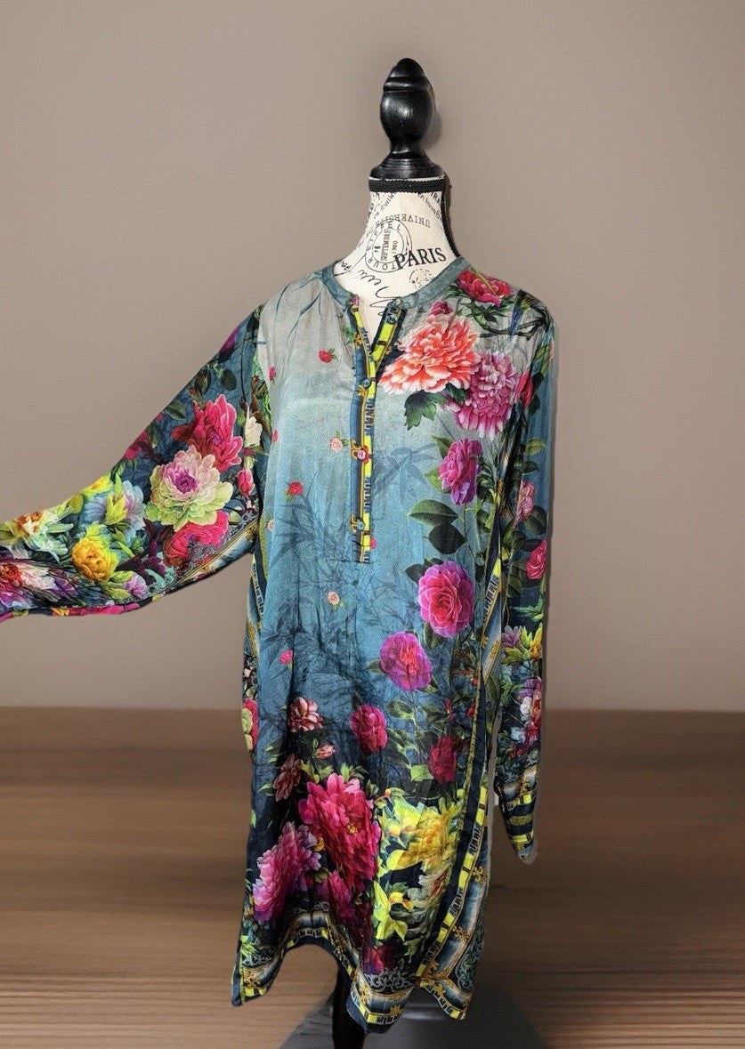Johnny Was XL 100% Silk Mini Shirt Dress Button Up Tunic Top  Roses Blue Johnny Was