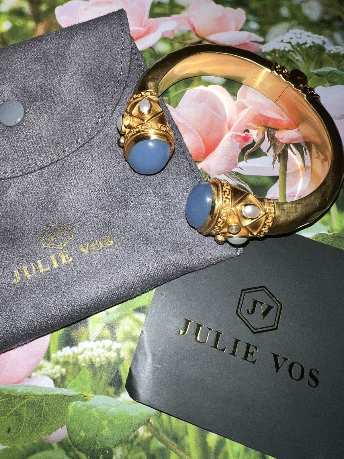 Julie Vos Soft Blue & Pearl Hinged Cuff Bracelet 24k Gold Plated Bangle Julie Vos