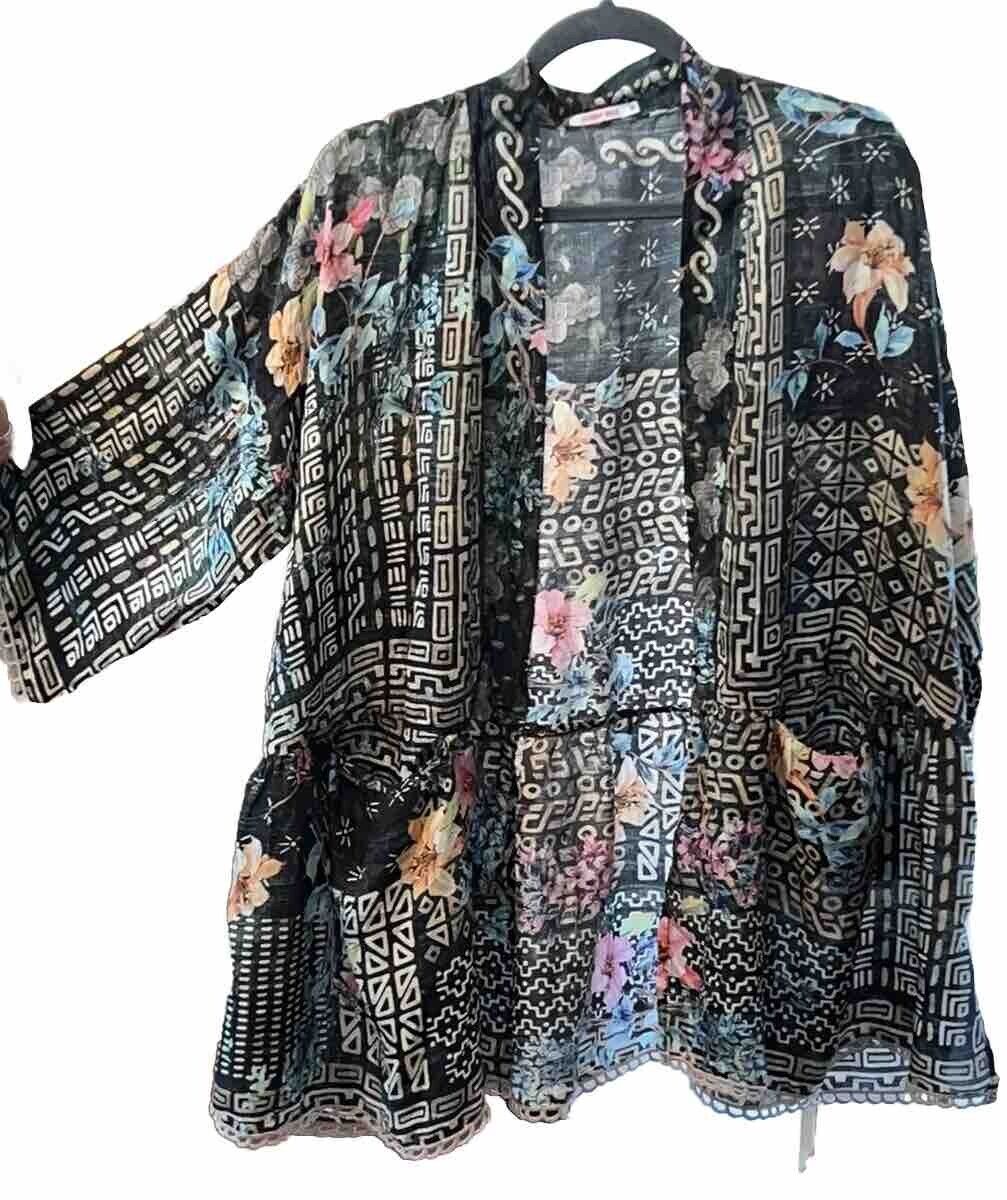 Johnny Was 100% Silk Kimono Sz M Tunic Top Black Floral Wrap