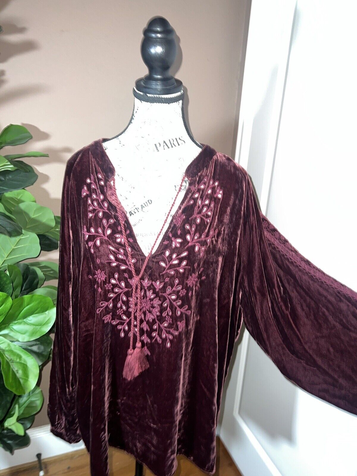 Johnny Was Burgandy Wine Velvet & Embroidered Tunic Top Kimono XL 1X 1XL