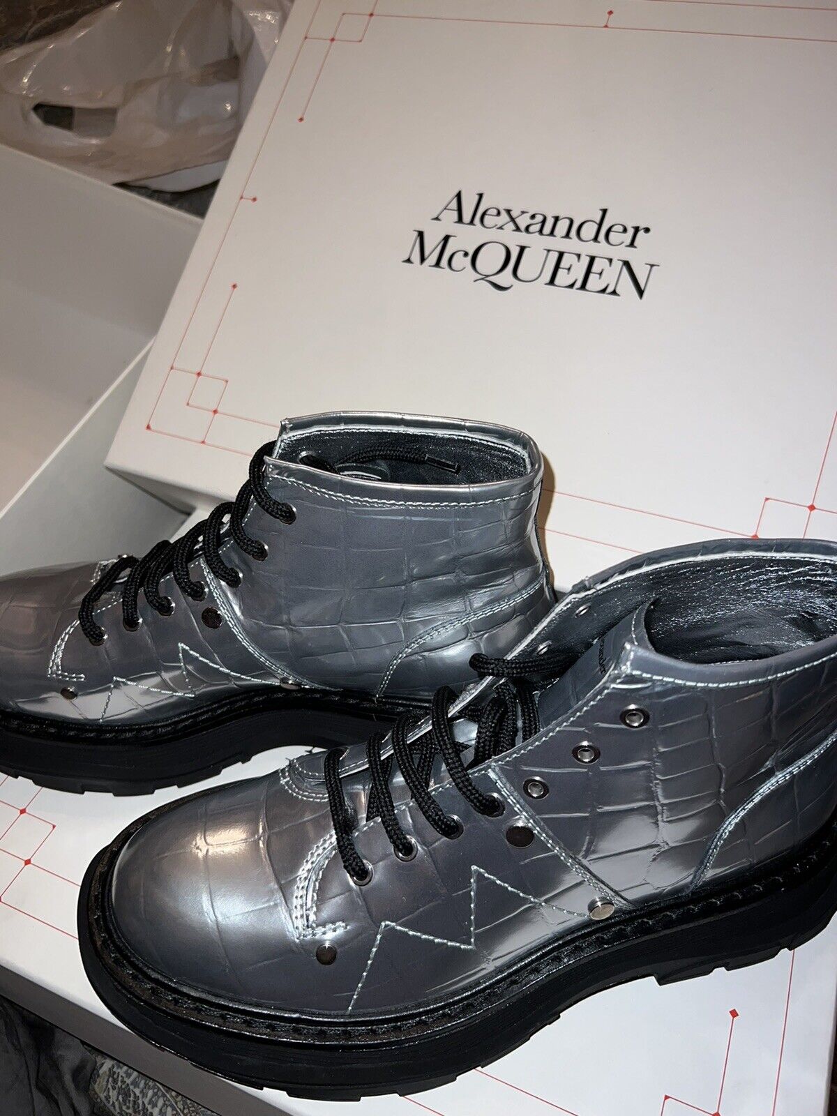 Alexander McQueen Patent Animal Print Combat Boots Silver 39.5 $1050 Retail