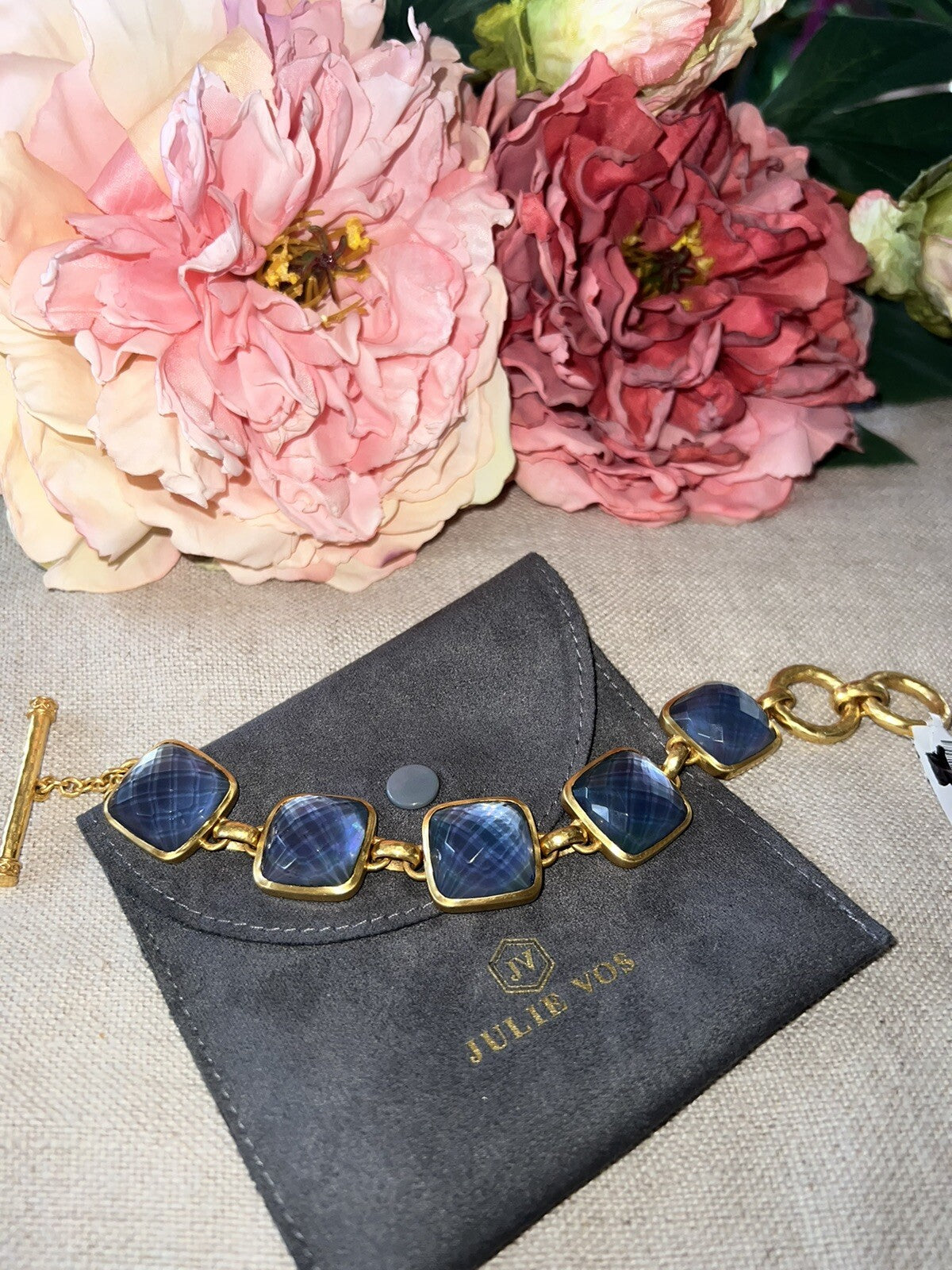 Julie Vos 8” Large Size Deep Blue 24k Plated Link Bracelet Adjustable Toggle Julie Vos