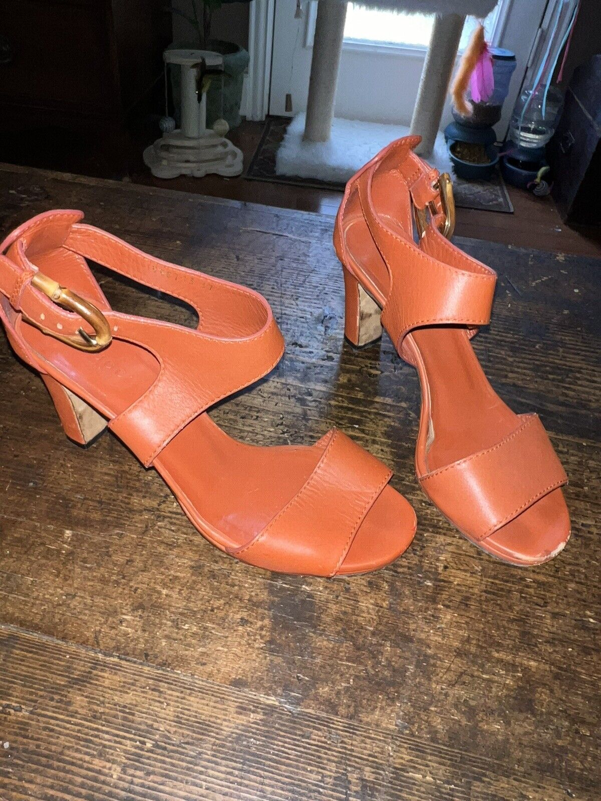 Gucci Vintage Leather and Bamboo Heels Orange Red Shoes sz 37 AUTHENTIC