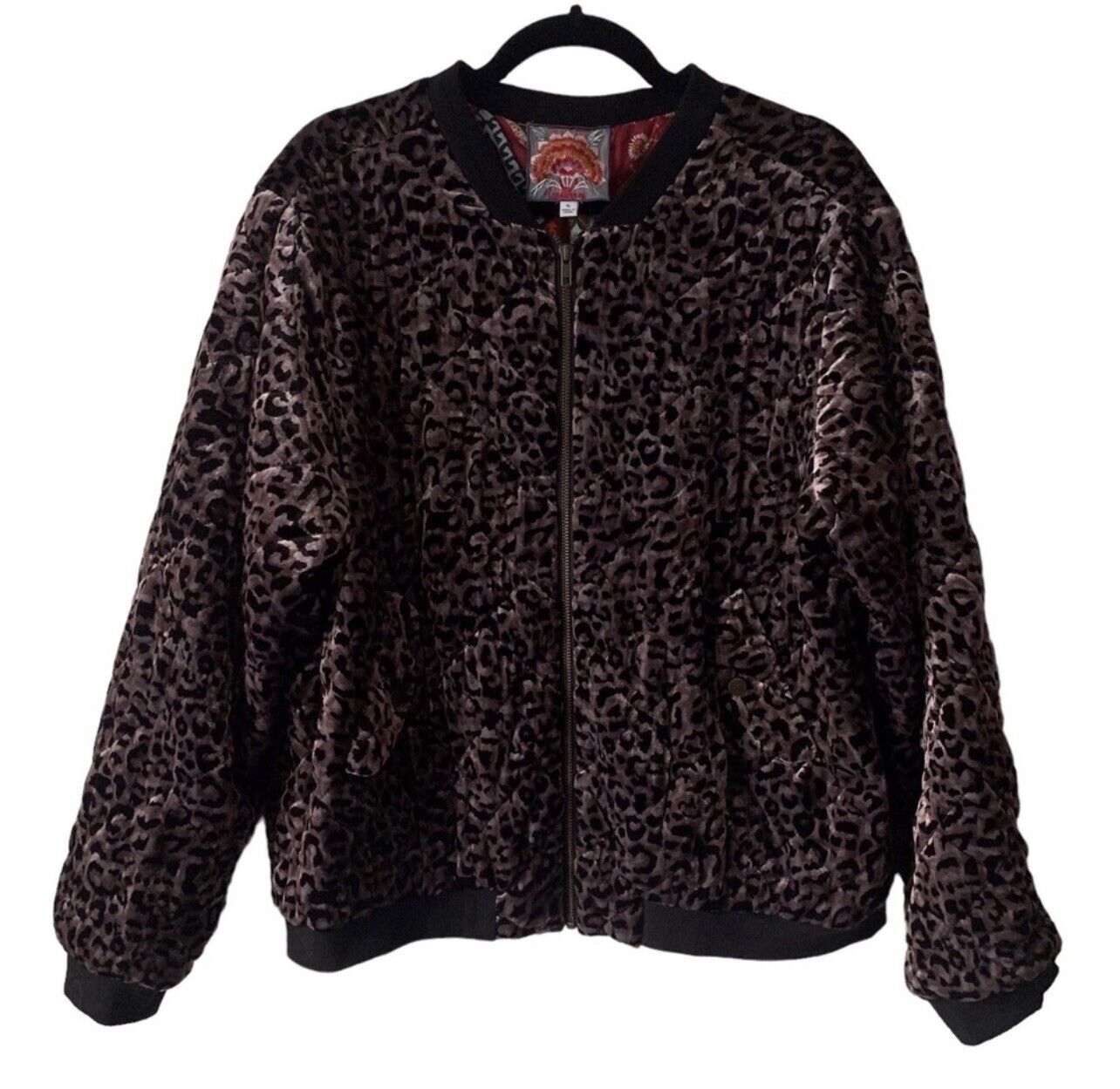 Johnny Was Leopard Velvet Quilted Bomber Jacket Coat Sz XL Silk Interior