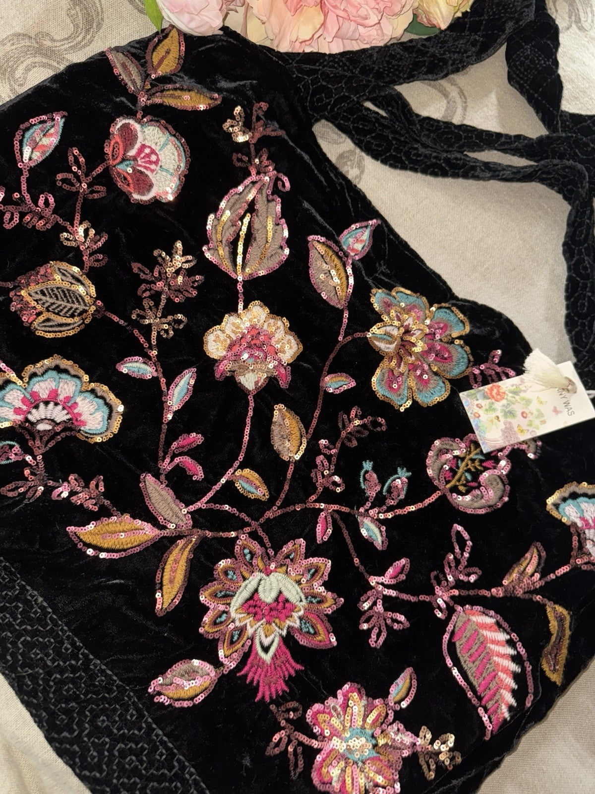 Johnny Was Large Black Velvet & Sequin Hobo Bag Tote Purse Embroidered Crossbody Johnny Was